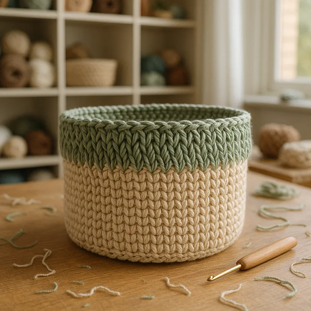 Modern crochet storage basket with textured stitches