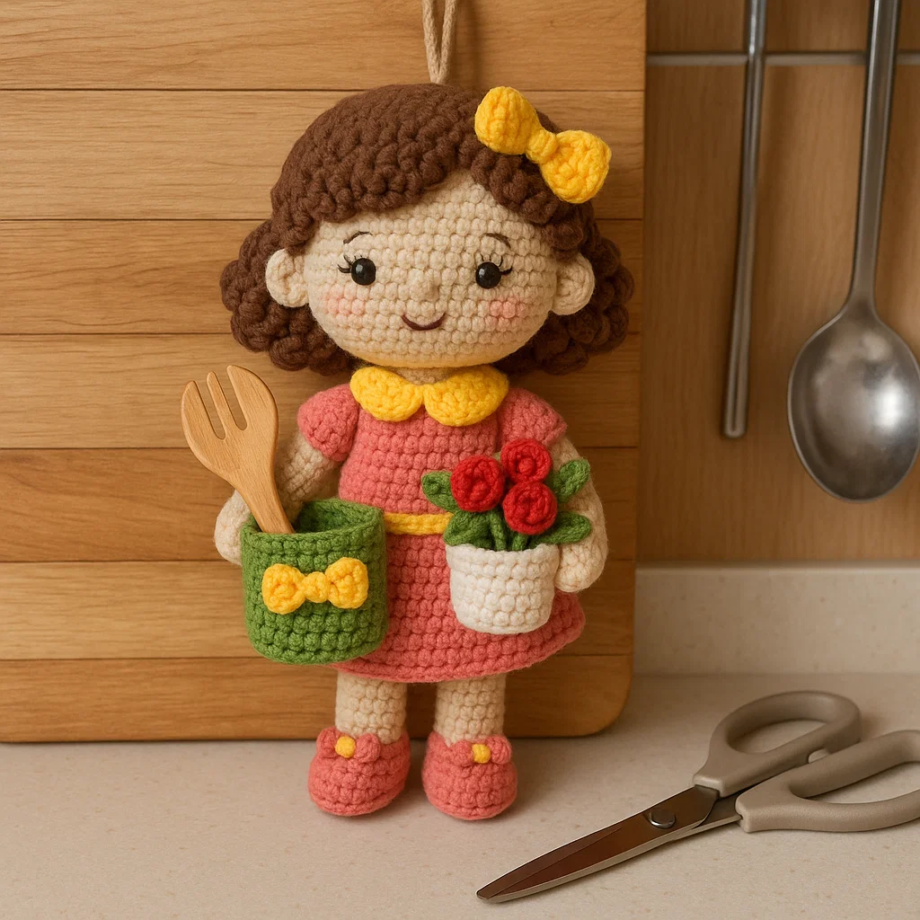 Kitchen-themed crochet decor made by hand