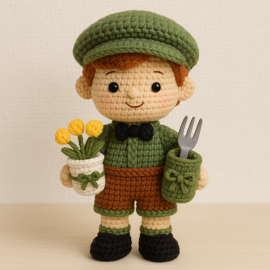 Detailed crochet kitchen boy made by hand
